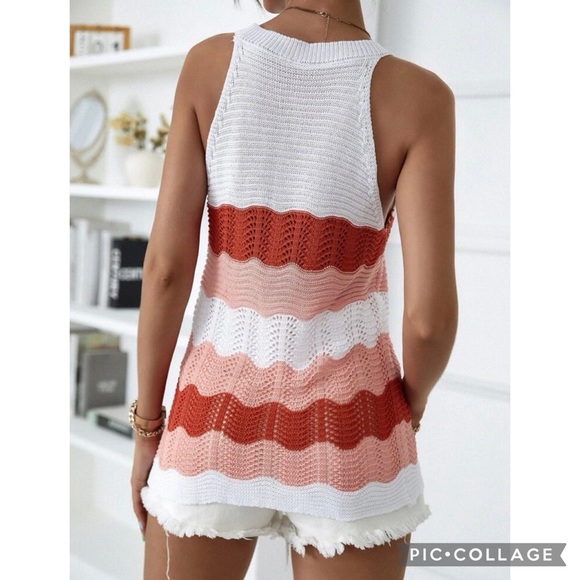 Boho Color Block Open Knit Pointelle Tank Top Size Medium - Picture 2 of 5